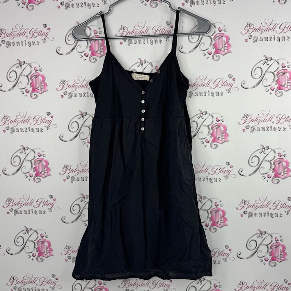 Propaganda dress buttons dark black grey ruffle Black Spaghetti Strap Dress